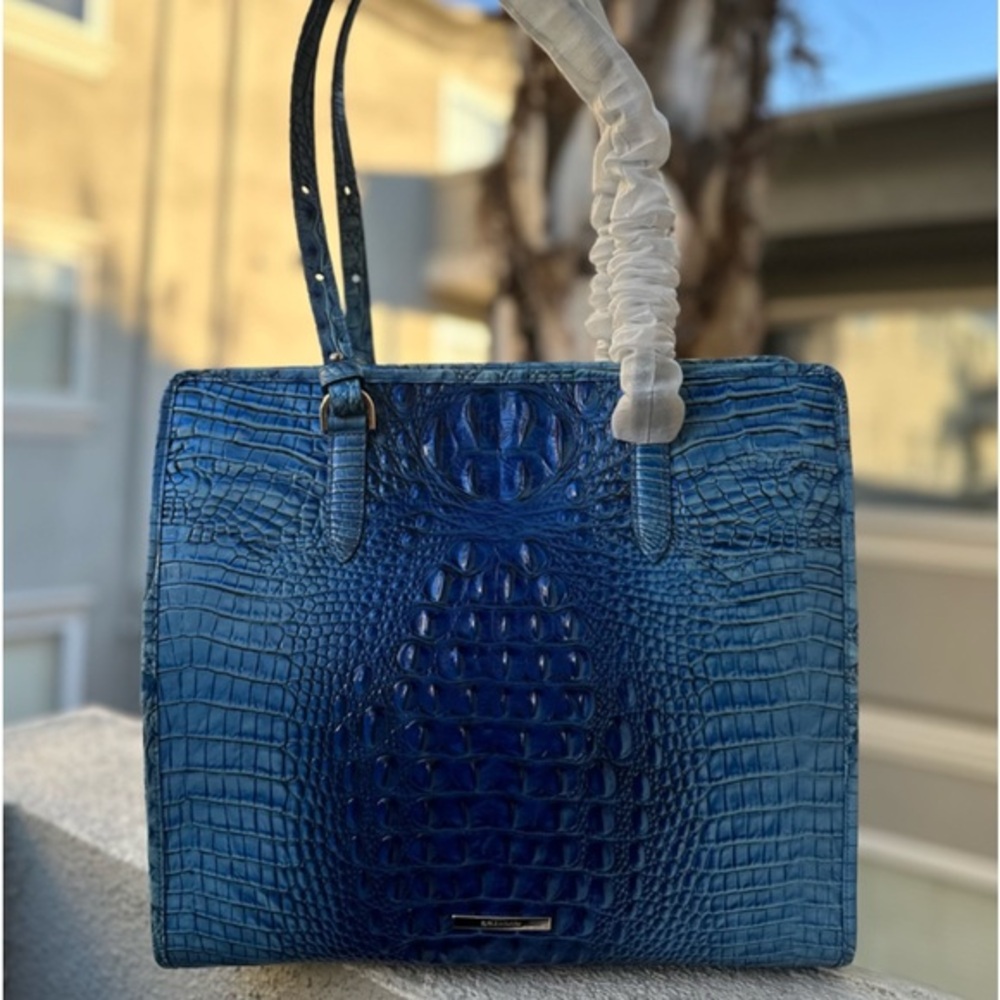 NWT BRAHMIN TIA ELECTRIC‎ BLUE OMBRE MELBOURNE CROC-EMBOSSED LEATHER SATCHEL
